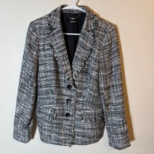 DKNY Tweed Blazer Fringed‎ Jacket Career Business Black Gray White Size 8